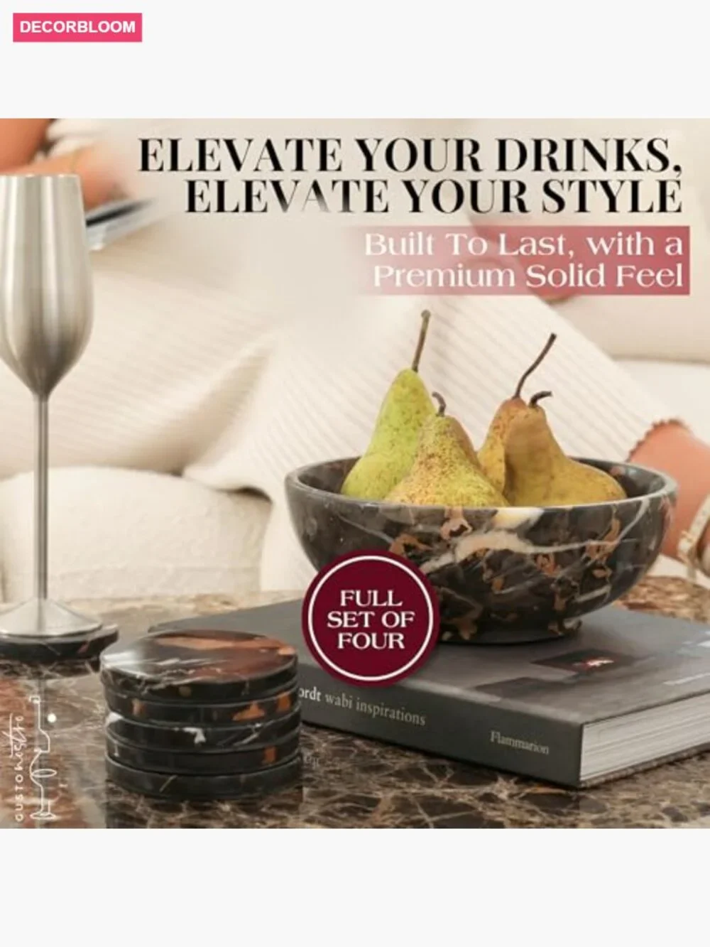 Set of 4 Natural Stone Coasters - Marble Drink Coasters for Kitchen Counter,